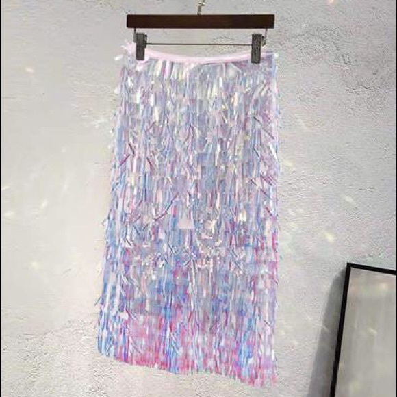 New Pink Tassel Sequins Midi Skirt - Picture 3 of 4